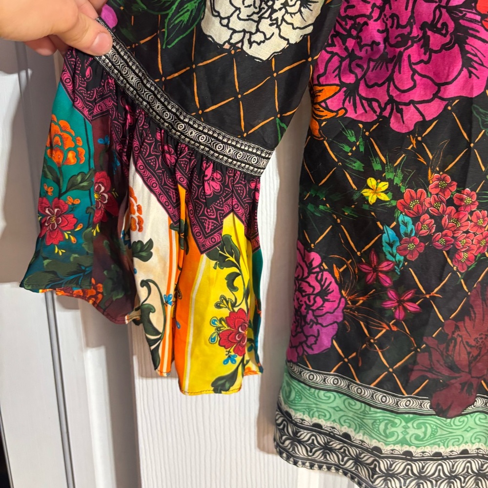 Alice+Olivia Silk Cotton Ruffle Sleeve Floral Collared Colourful Button Down Top - Picture 10 of 14